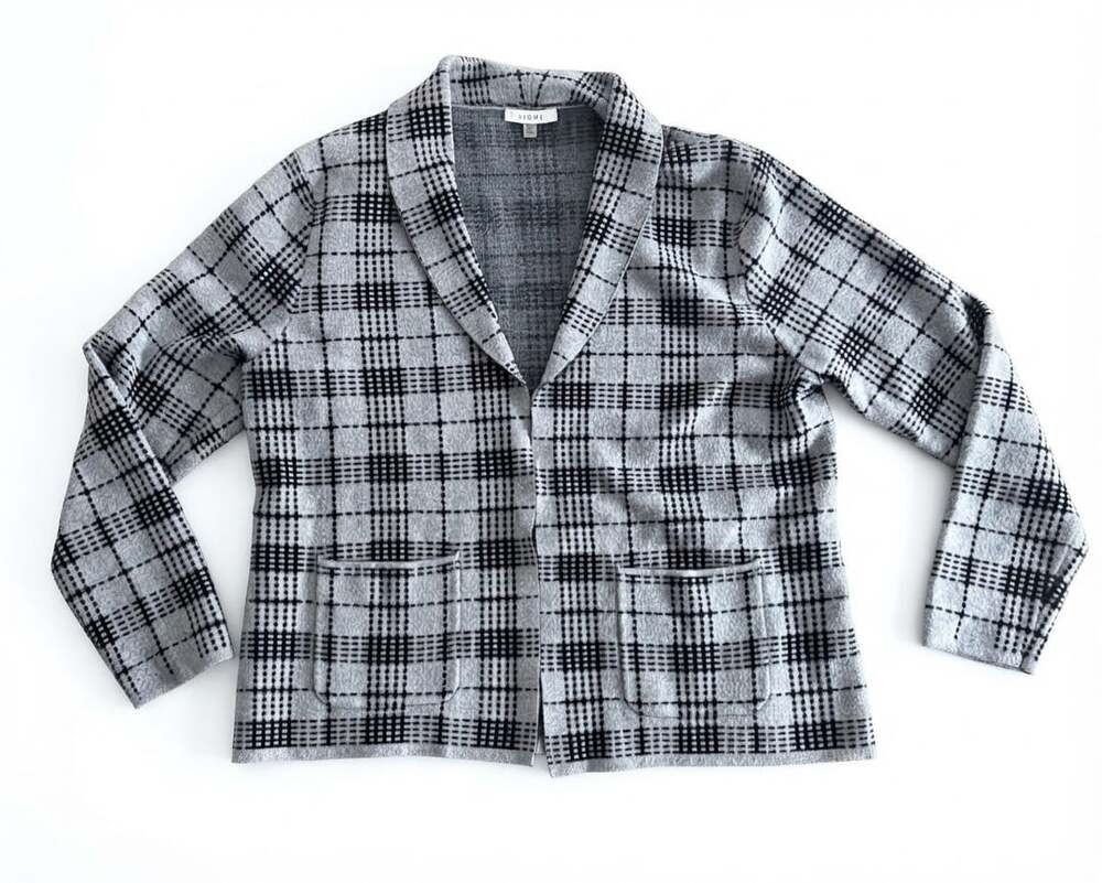 Sioni Plaid Cardigan Size XL Grey Black Open Front Pockets